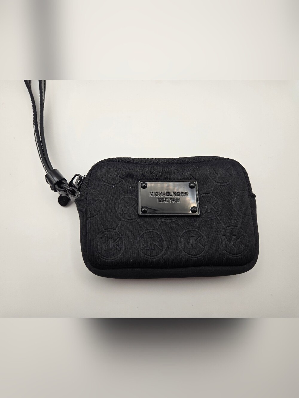 NWOT Michael Kors Signature Black Embossed MK Logo Neoprene Wristlet Soft Plump
